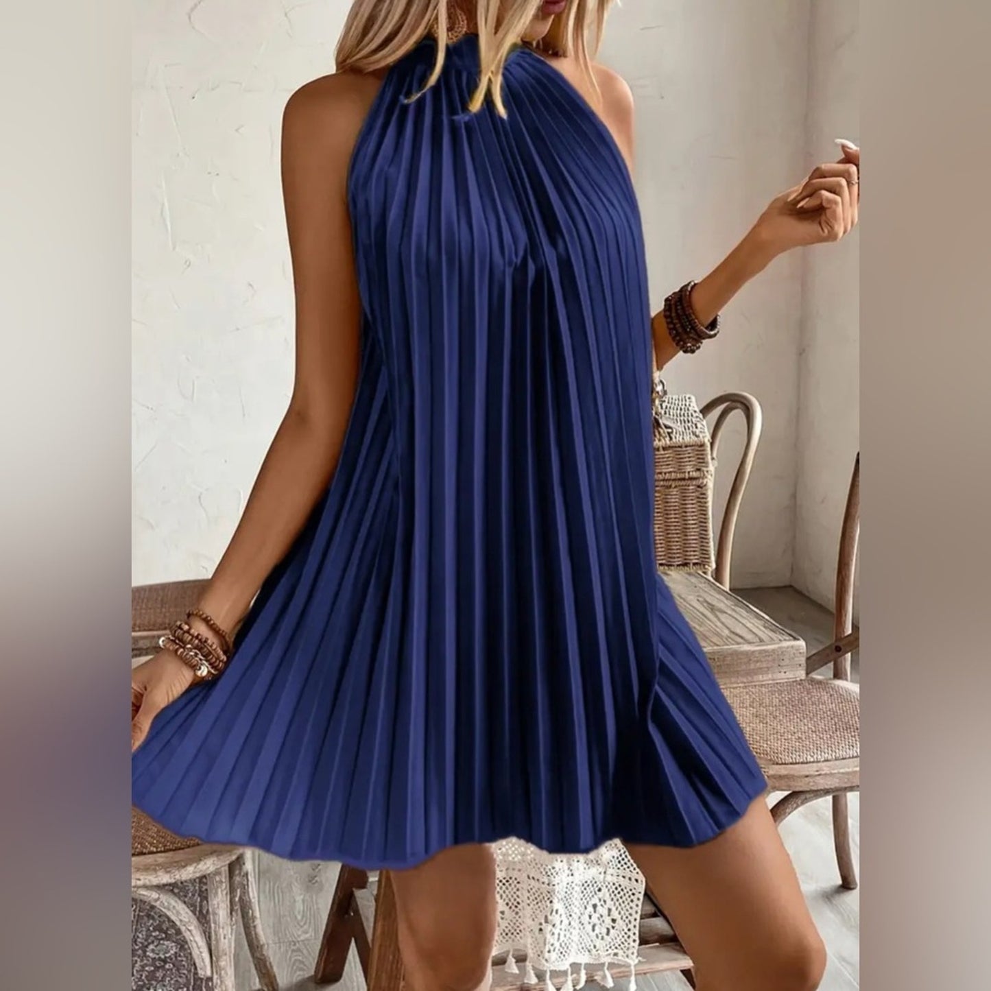 Elegant Navy Blue Pleated Dress