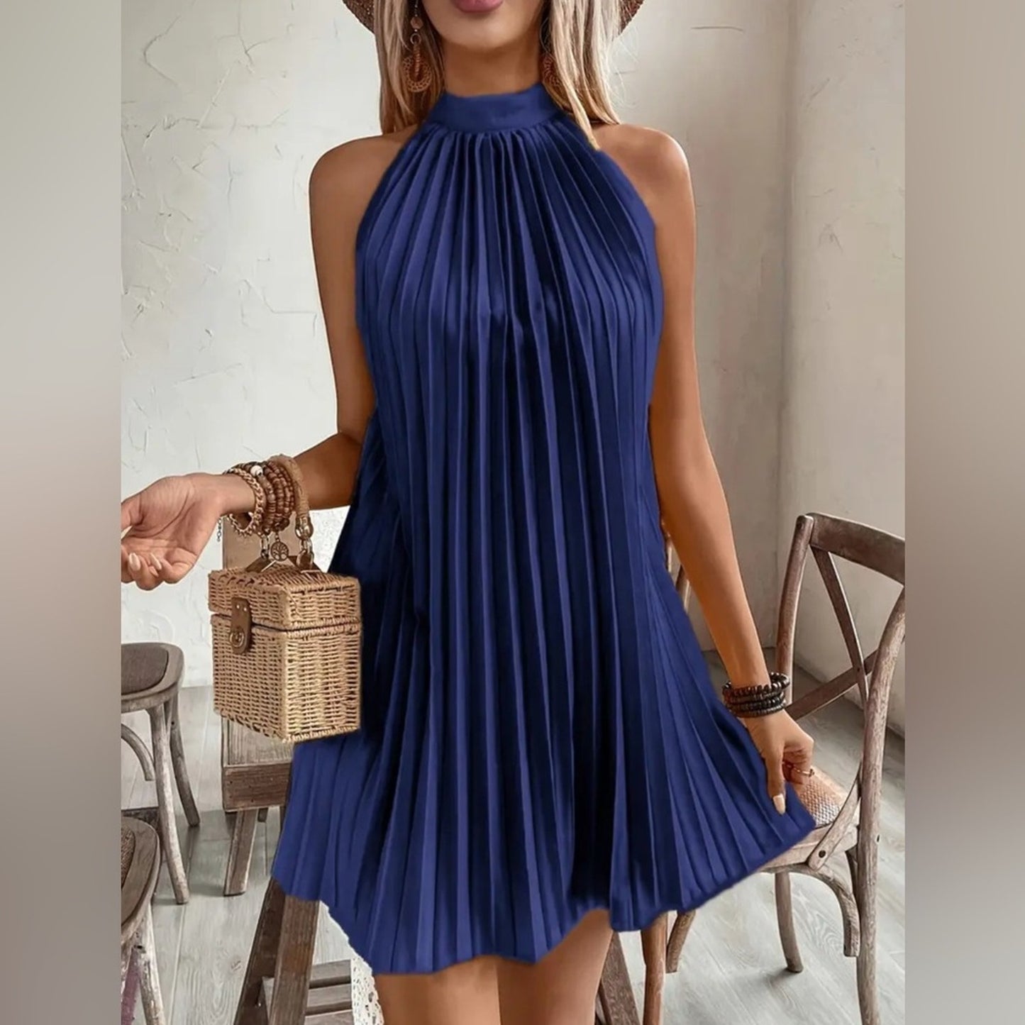 Elegant Navy Blue Pleated Dress