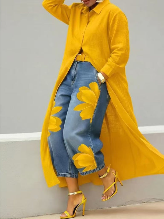 Floral Print Wide-Leg Cropped Jeans Yellow