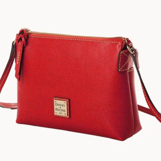 Red handbag with a visible brand logo on a white background