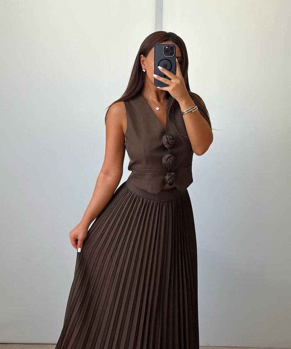 Sleeveless Tank Top Two Piece Set With Pleated Sleeves Women