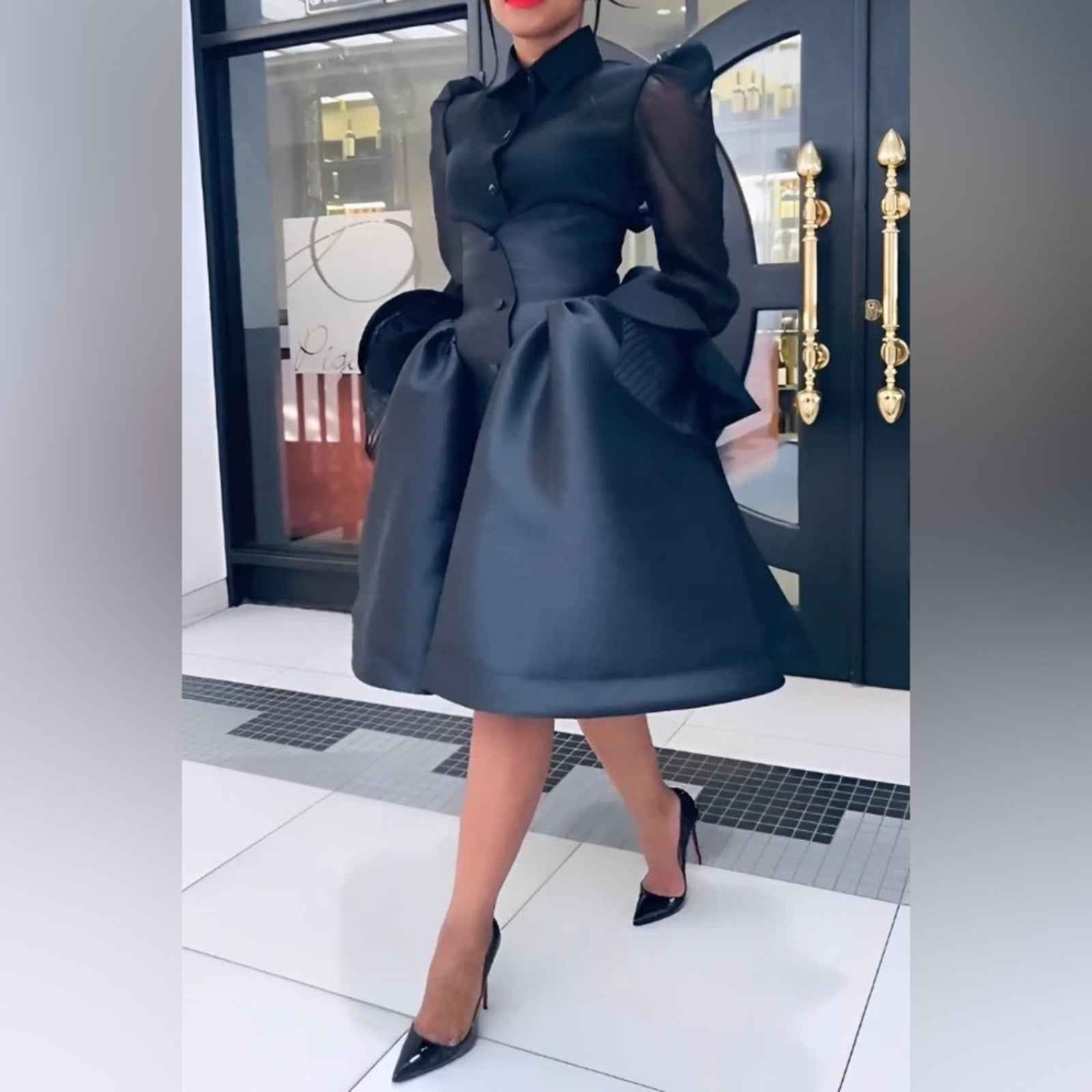 Stylish Black Mesh with Sheer Bell Sleeves Blouse Skirt Set