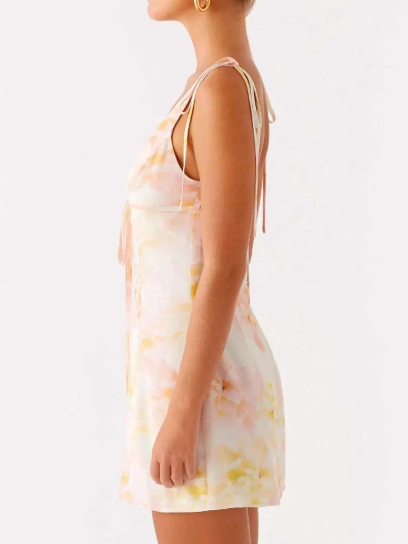 Printed Deep V-Neck Tie Shoulder Mini Dress