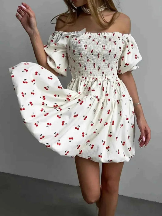 Puff Sleeve Cherry Print Smocked Mini Dress