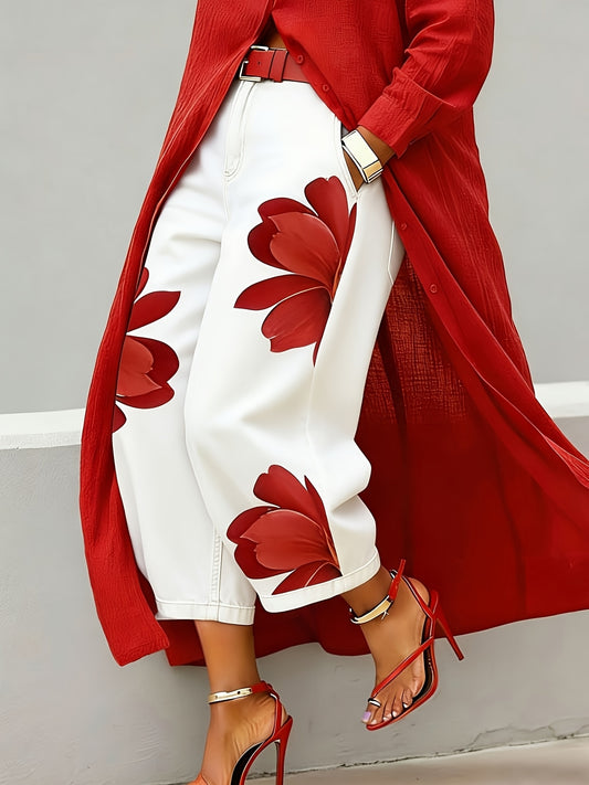 Floral Print Wide-Leg Cropped Jeans White