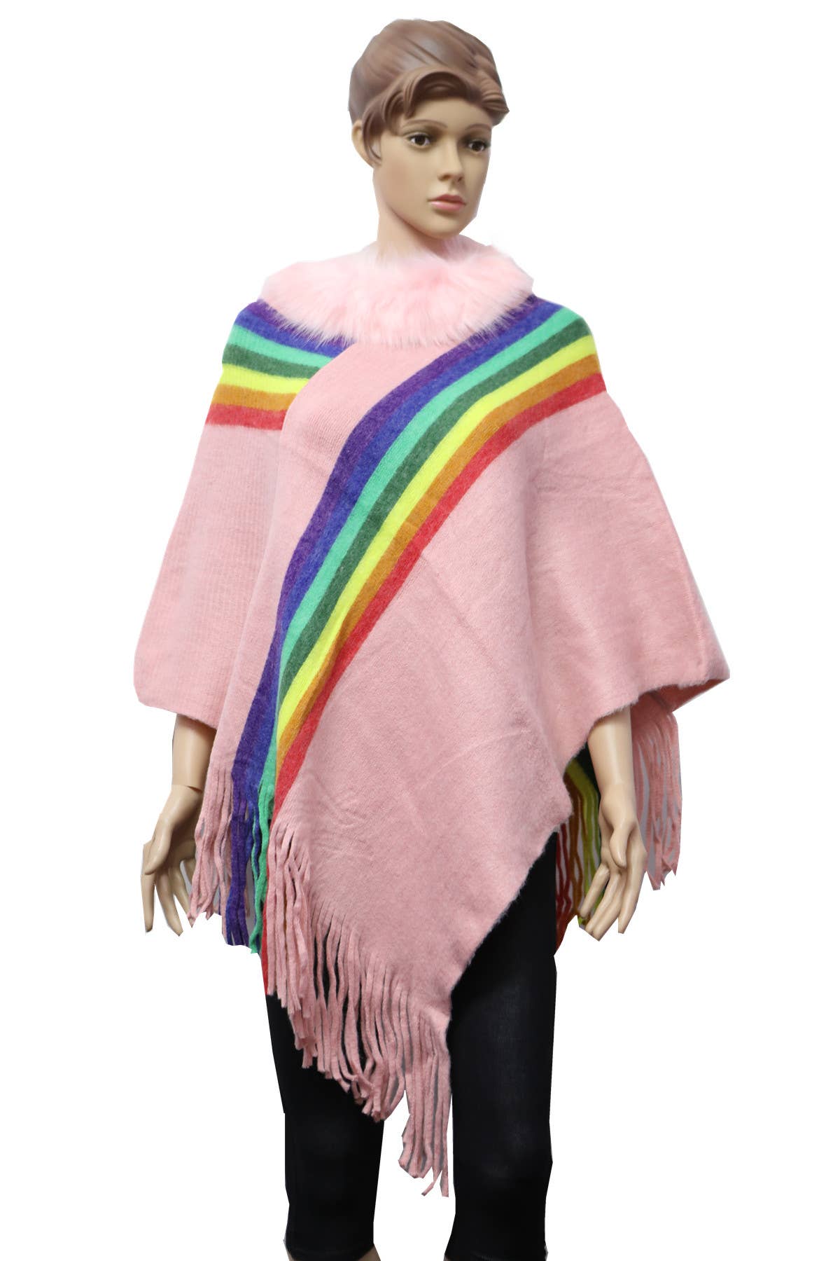 KNIT STRIPES WITH FUR TRIM PONCHO