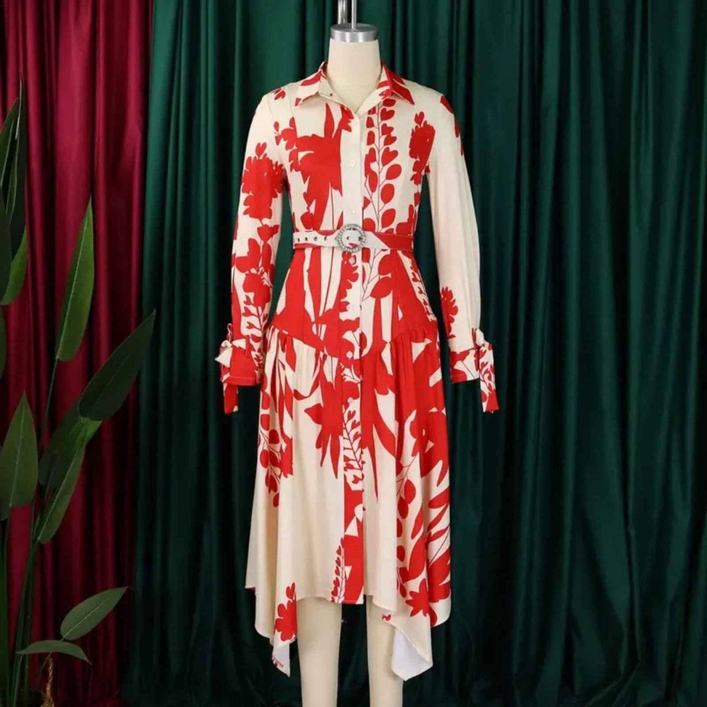 Elegant Blue & White Floral Midi Dress – Belted Button-Up, Long Sleeve,