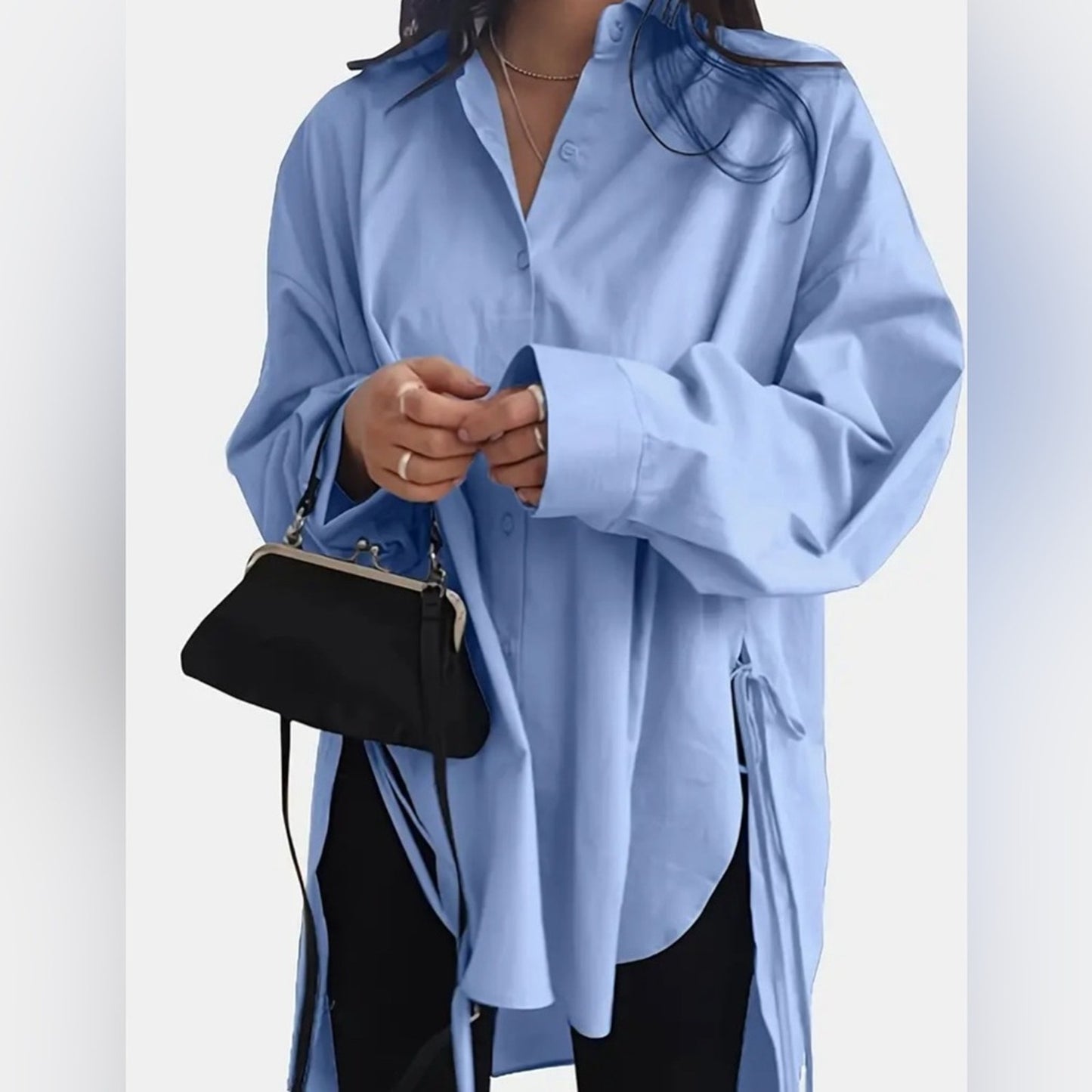 Soft Blue Chic Solid Button-Down Asymmetrical Shirt