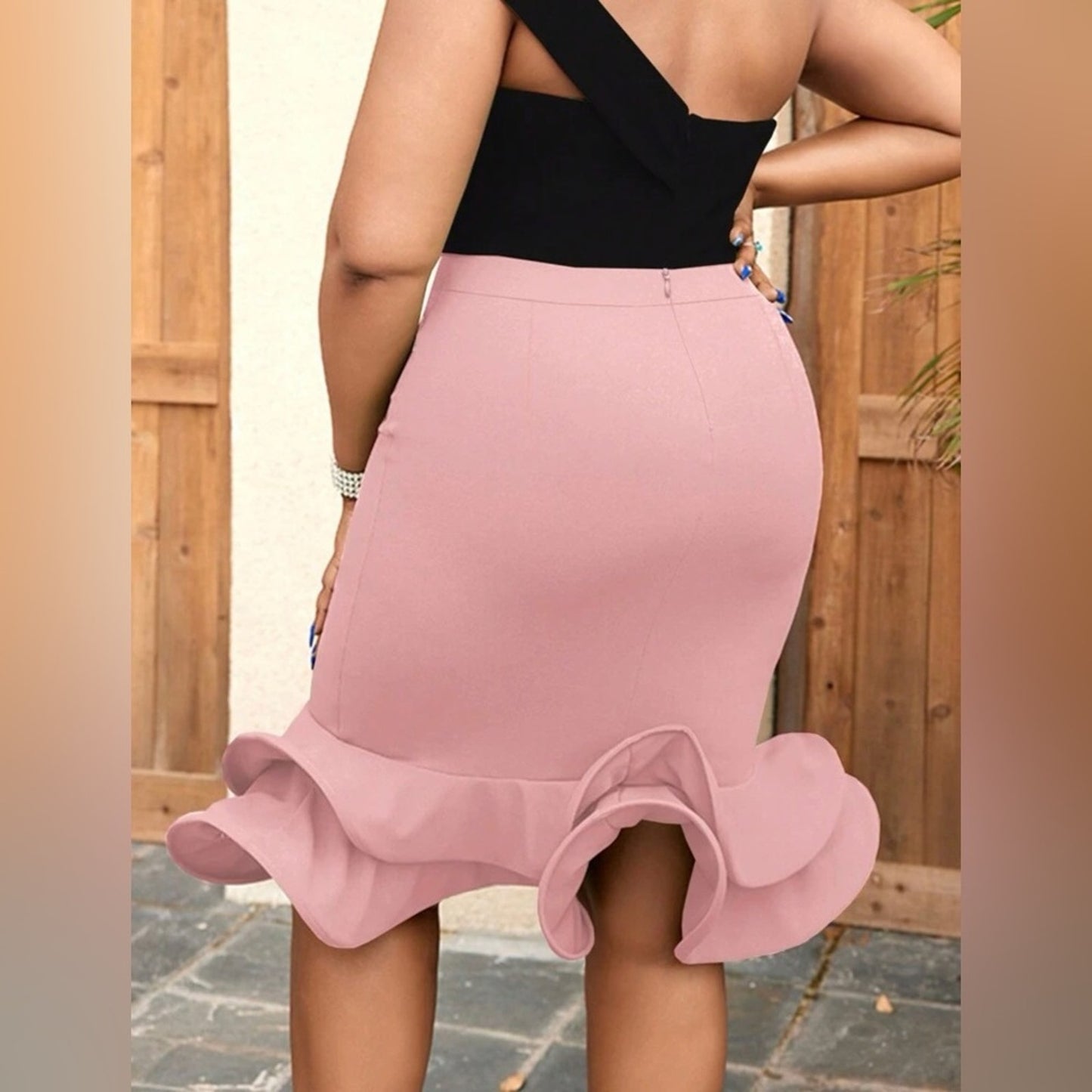 Blush Pink Bodycon Ruffle Hem Midi Skirt | Medium Stretch | True to Size