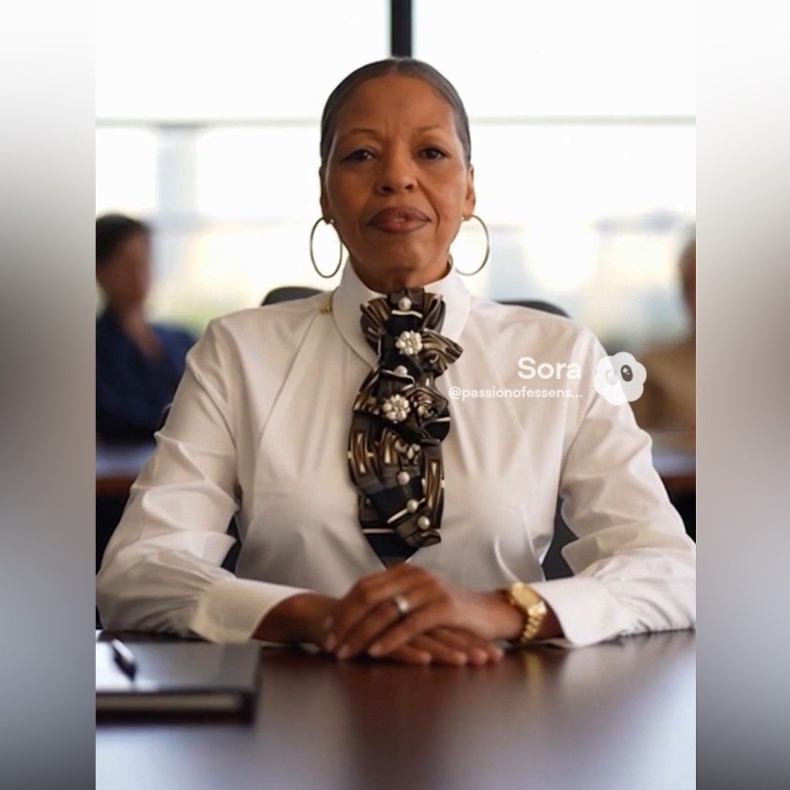 Woman sitting at a table with a blurred background