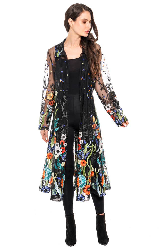 Long Black Embroidered Sheer Duster