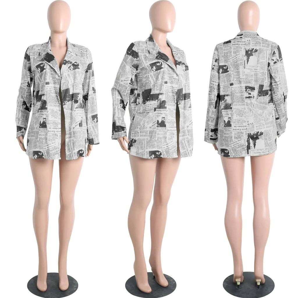 MB FASHION Newspaper Print Long-Sleeve Button-Up Blazer 3175