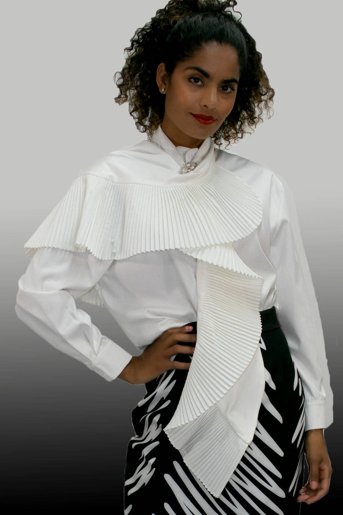 Elegant Pleated Cape Sleeve White Blouse – Sophisticated Statement Top