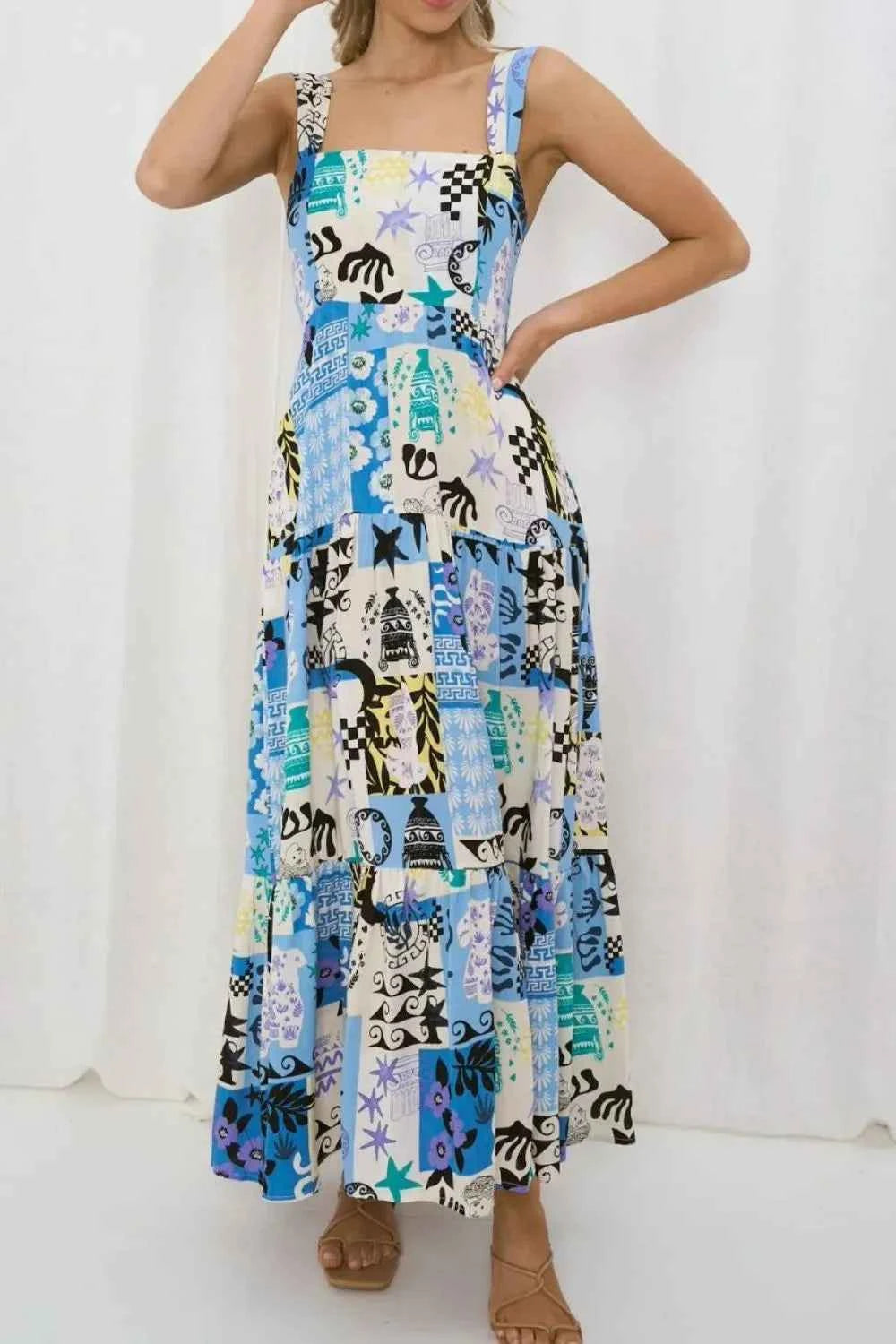 Printed Square Neck Wide Strap Maxi Dress