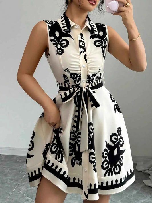 Printed Sleeveless Tie Waist Mini Dress