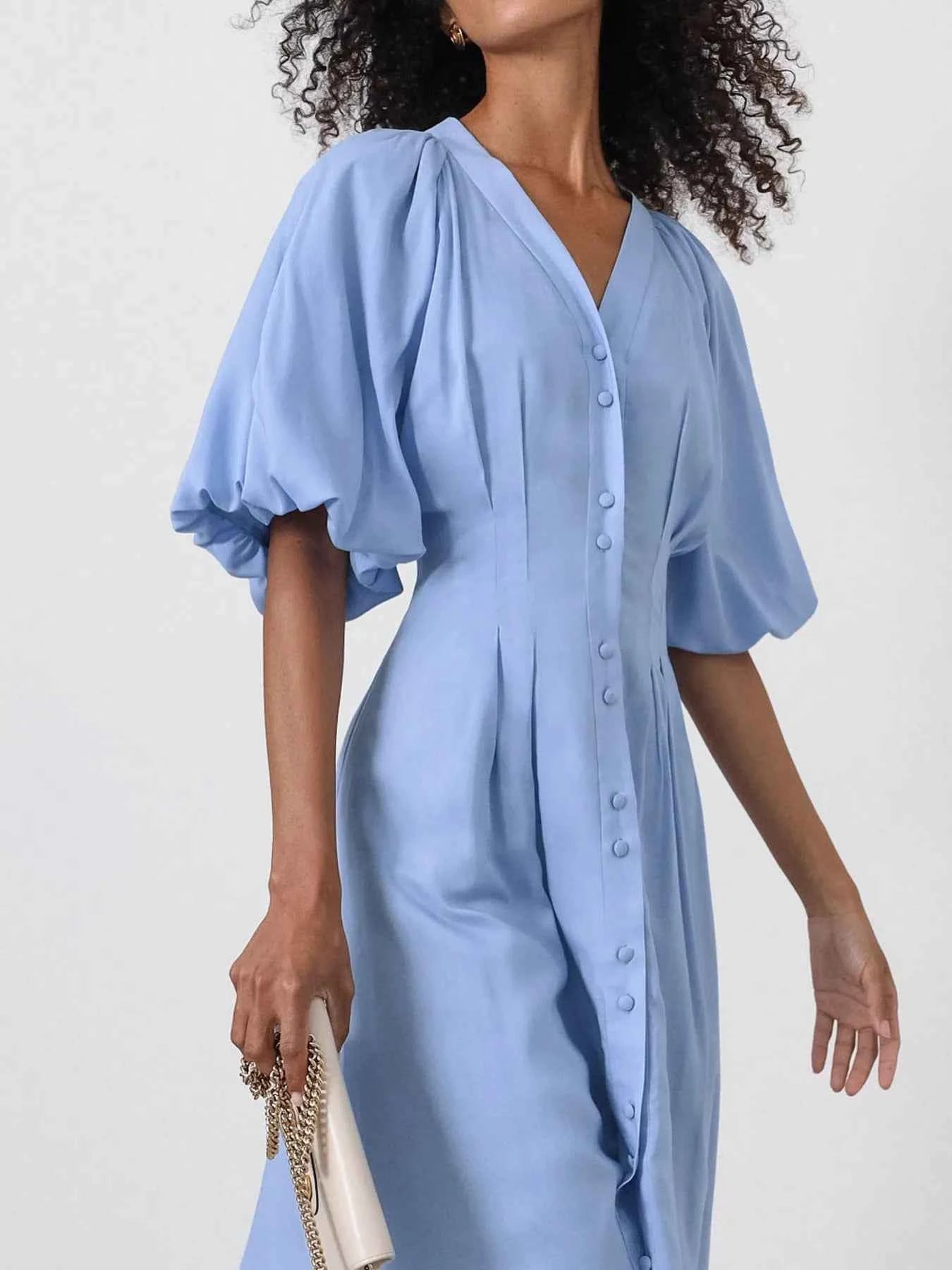 Puff Sleeve Button-Front Midi Dress