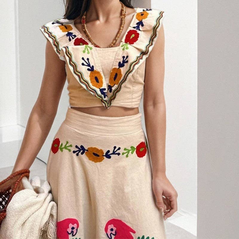 Sleeveless Floral Print Two-Piece Set - Ruffle Crop Top & Maxi Skirt