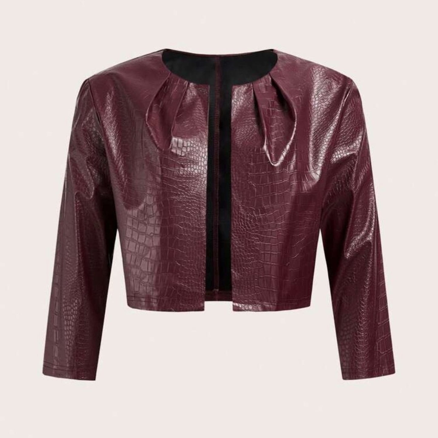 Burgundy Croc-Embossed Faux Leather Cropped Jacket
