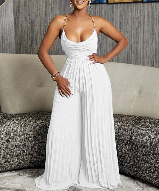 Chain Detail Backless Wide-Leg Jumpsuit