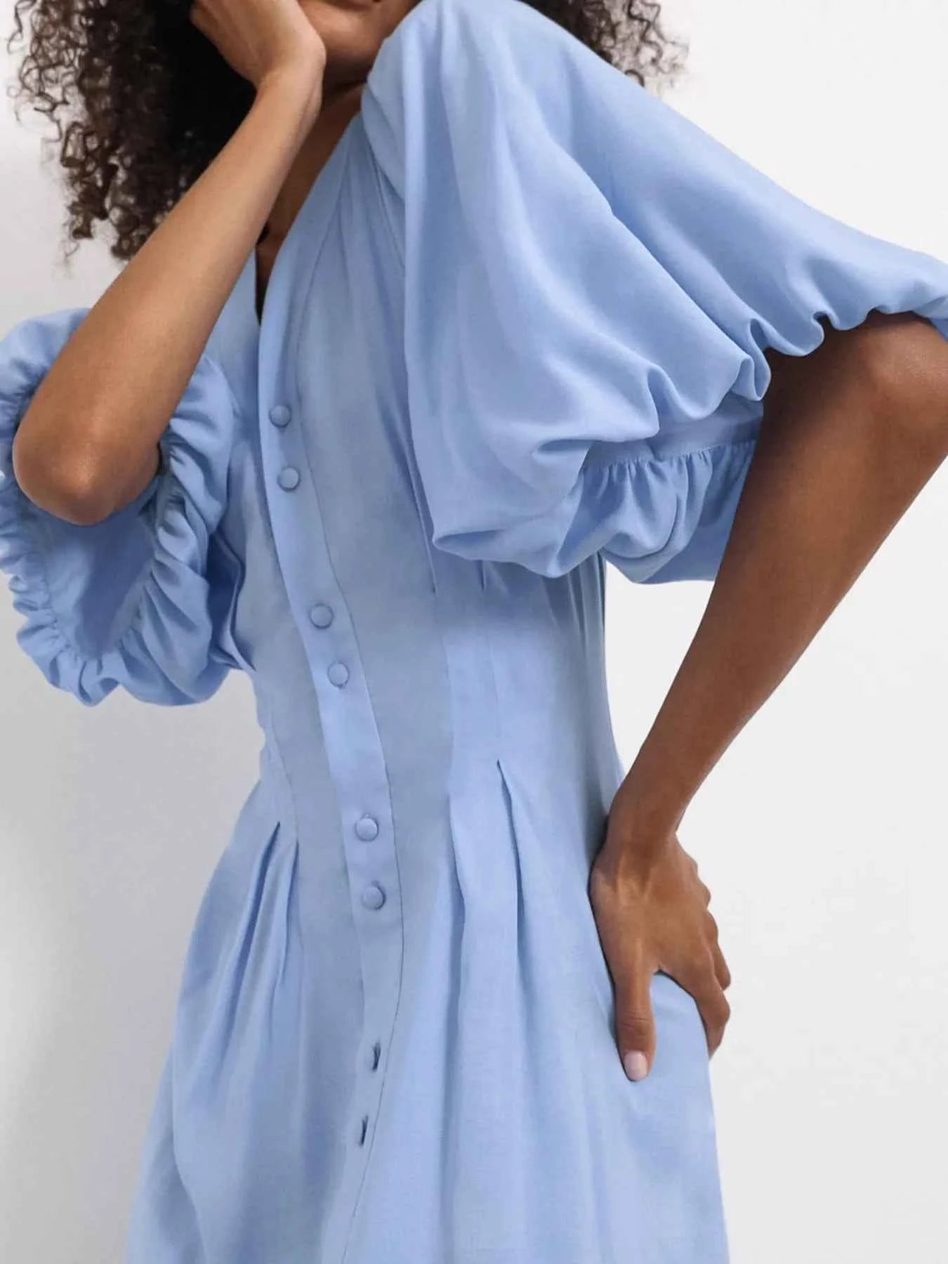 Puff Sleeve Button-Front Midi Dress