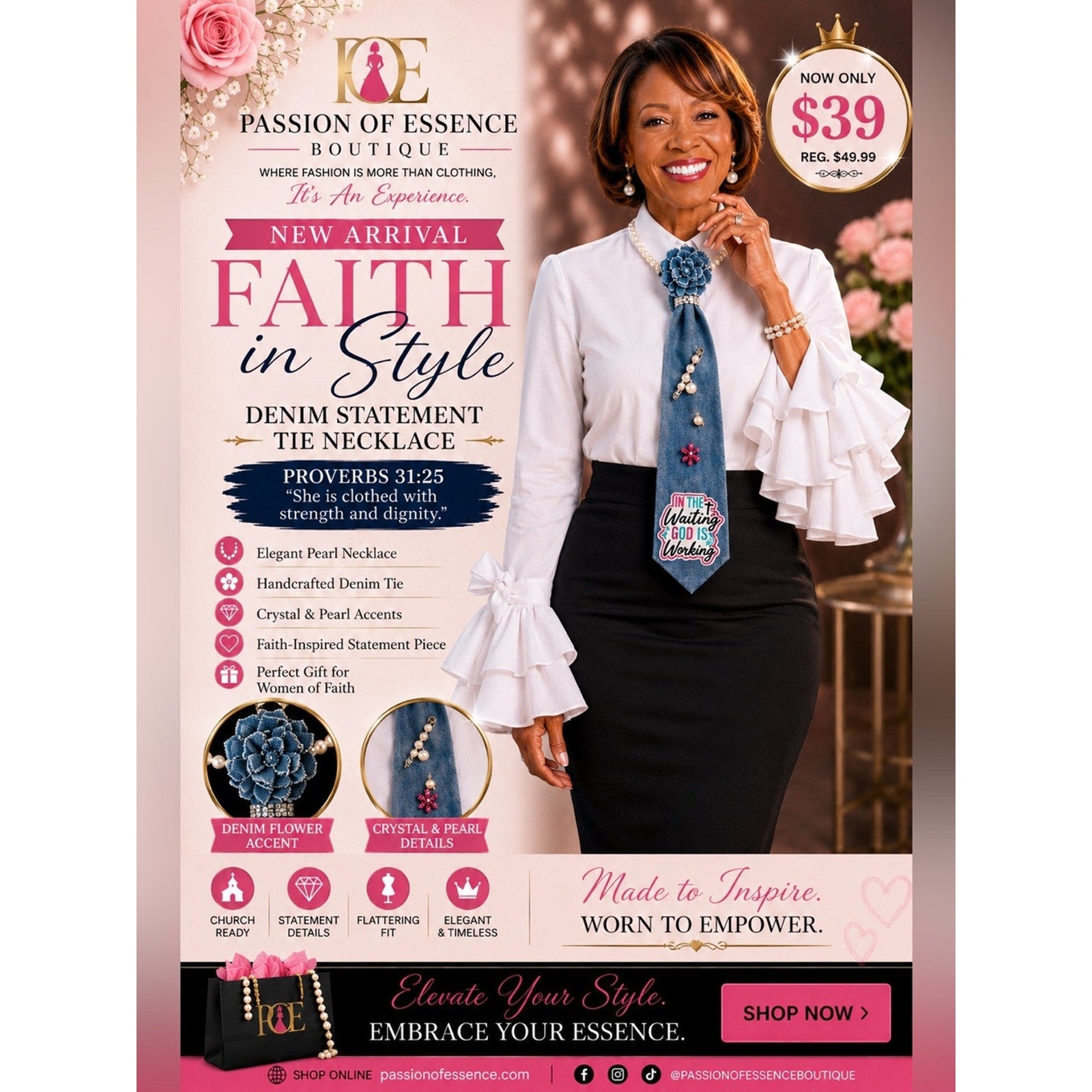 Advertisement for a denim statement tie necklace with a woman wearing it, featuring text and product details.