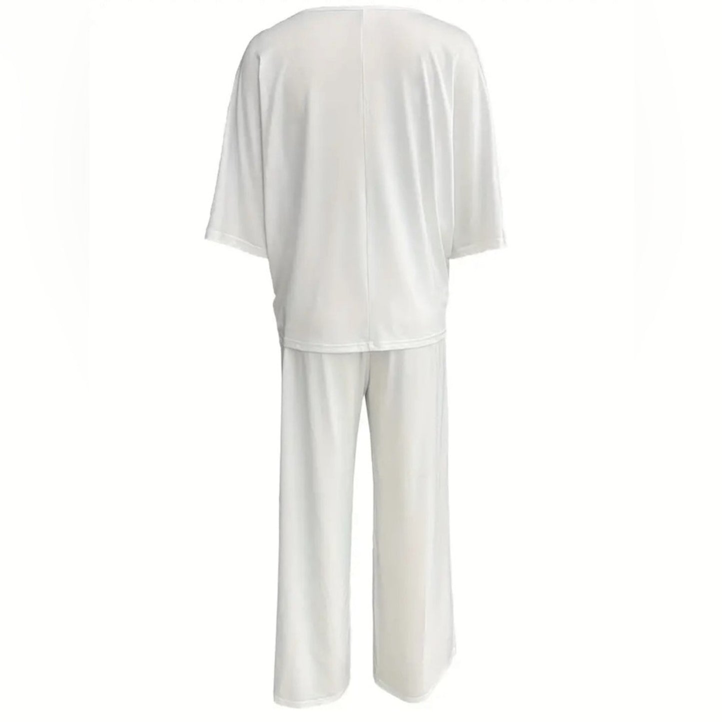 Chic White Lounge Set – Flowy V-Neck Top & Wide-Leg Pants for All White Party