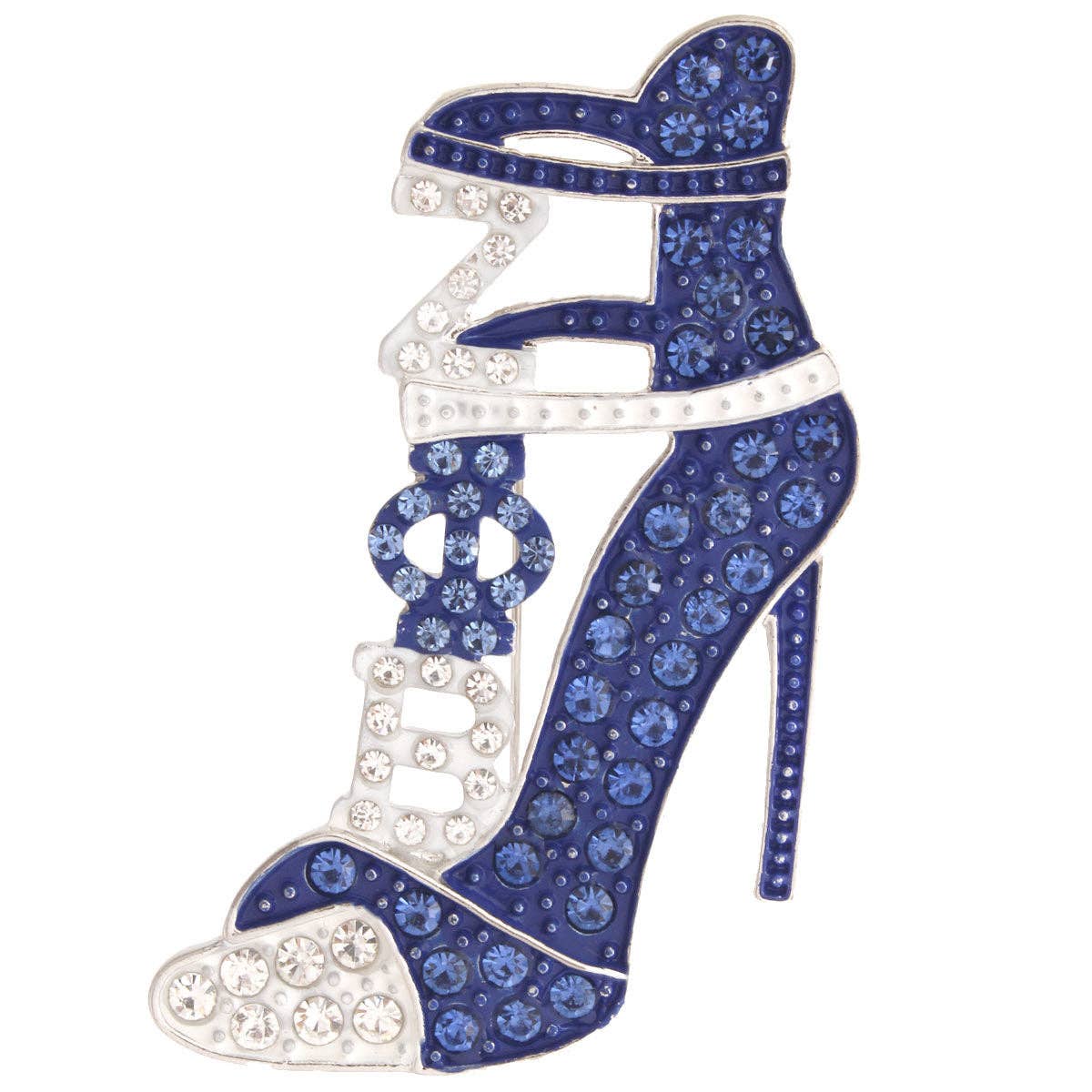 Blue high-heeled shoe brooch with rhinestones on a white background