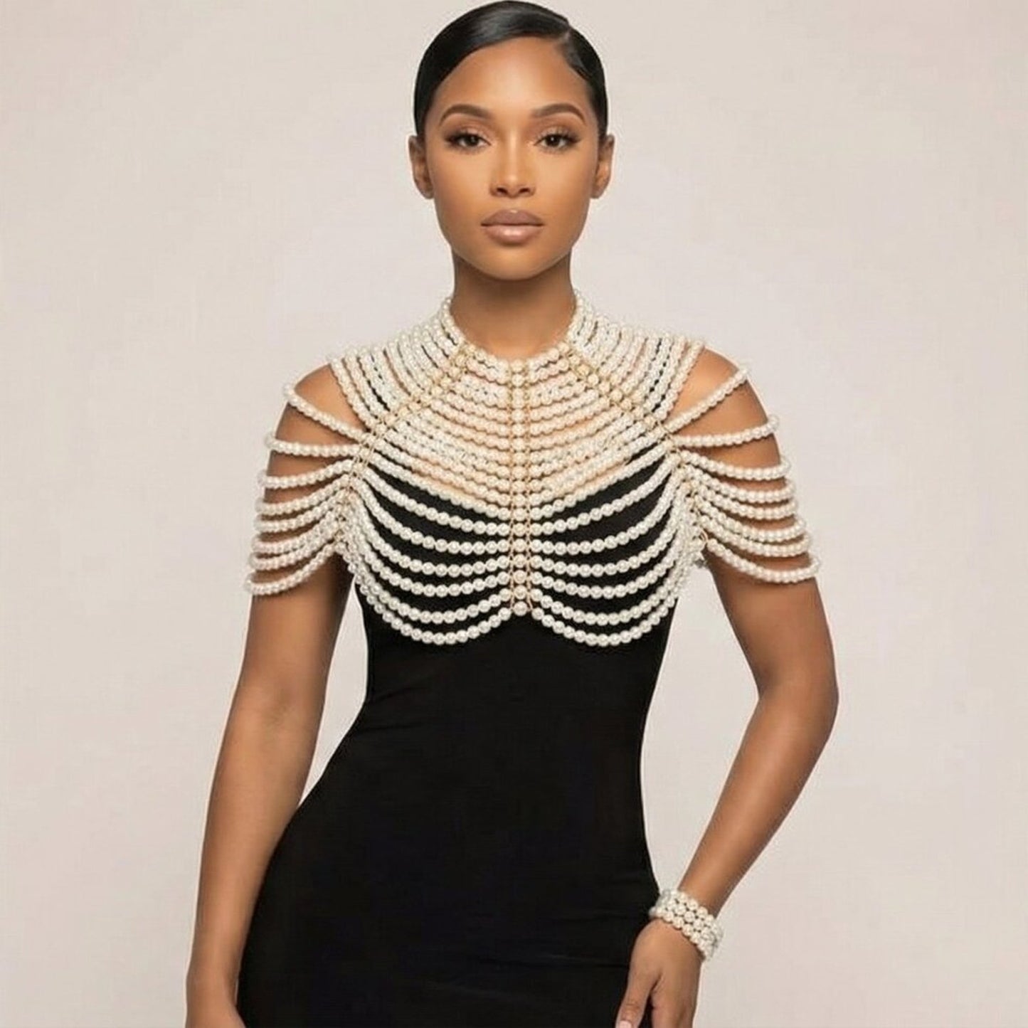 Luxury Layered Pearl Shoulder Harness Necklace with Gold Chain Detail