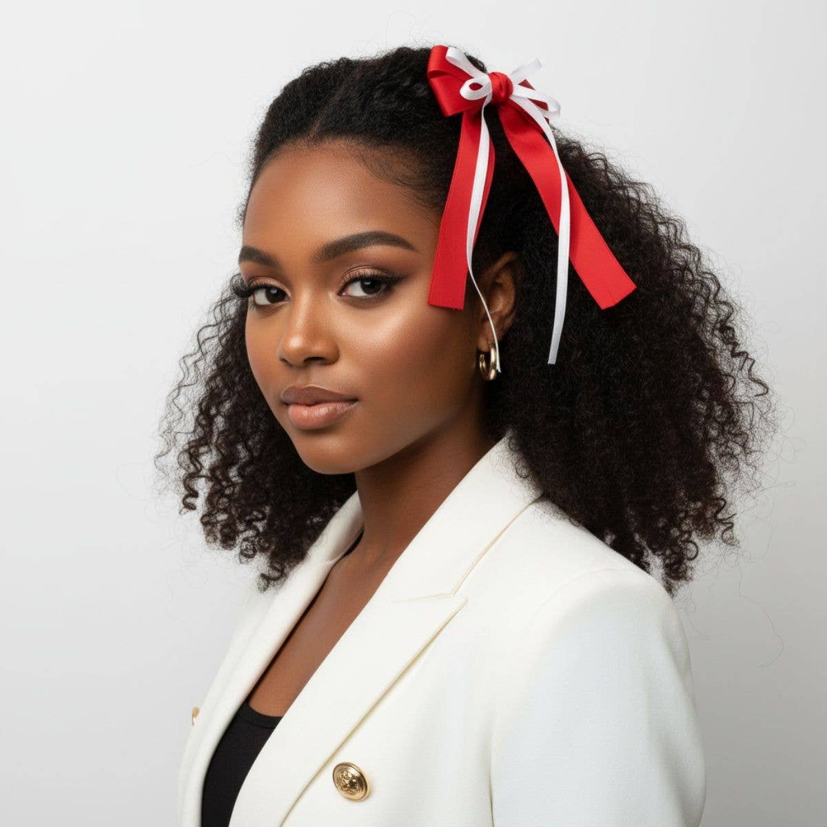 Woman with red and white hair bow wearing a white blazer against a gray background