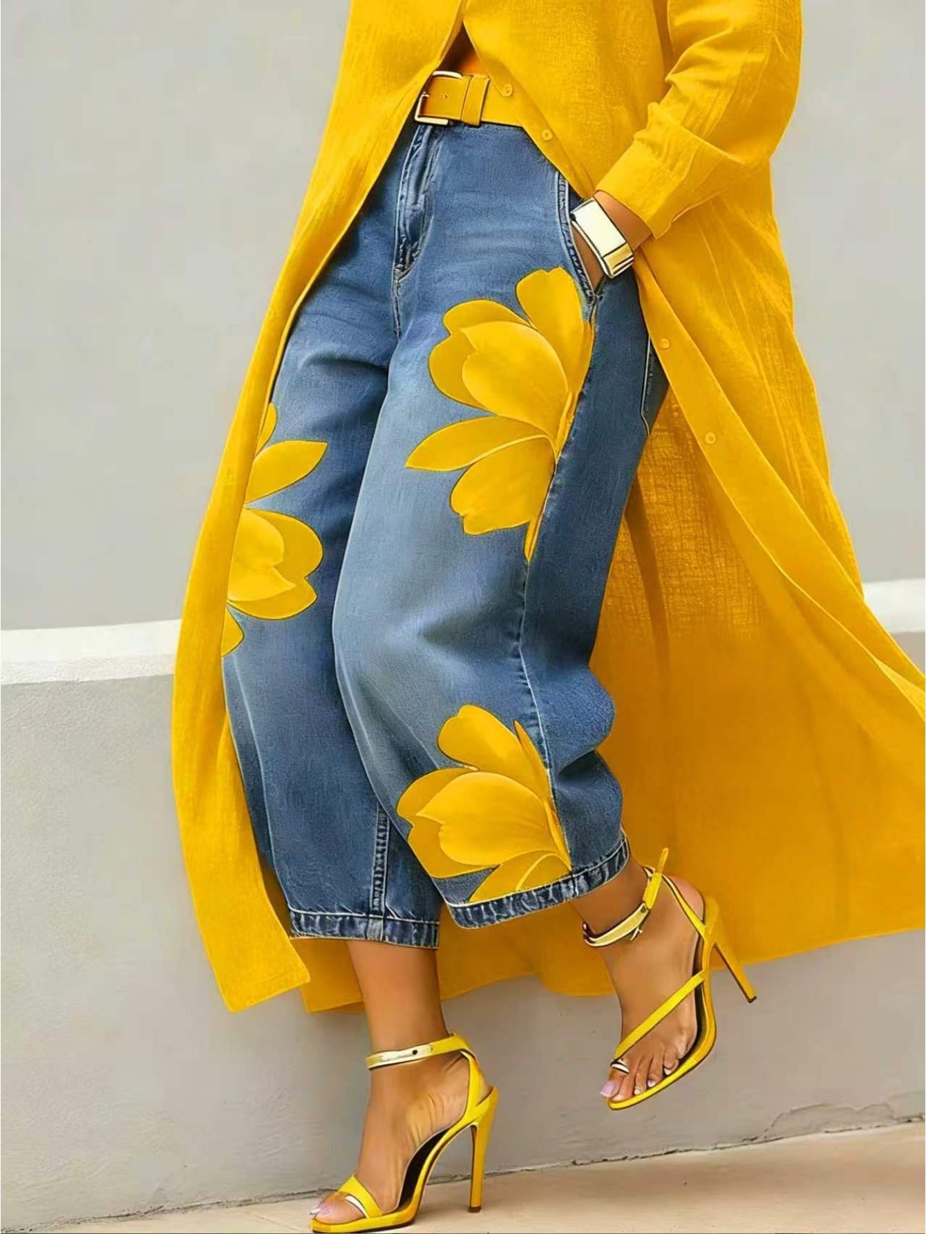 Floral Print Wide-Leg Cropped Jeans Yellow