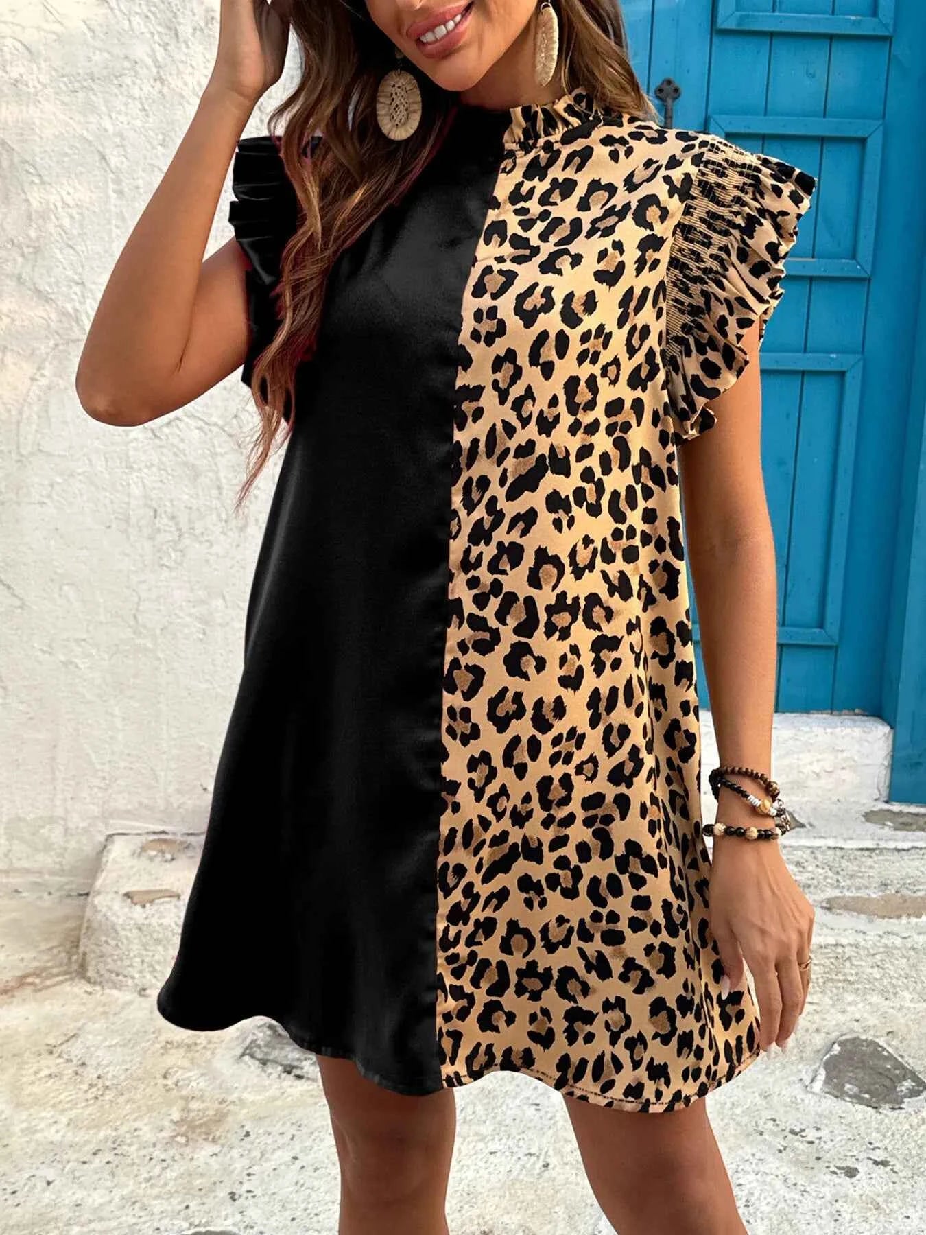 Leopard Color Block Ruffle Sleeve Dress