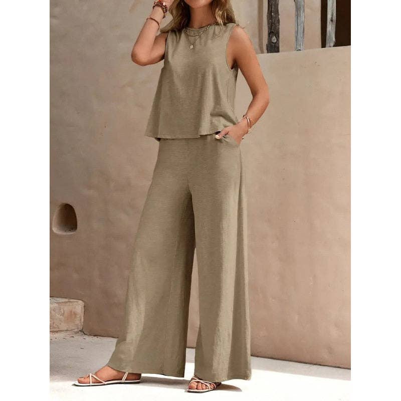 Solid Color Sleeveless Tank Top & Wide-Leg Pants Set