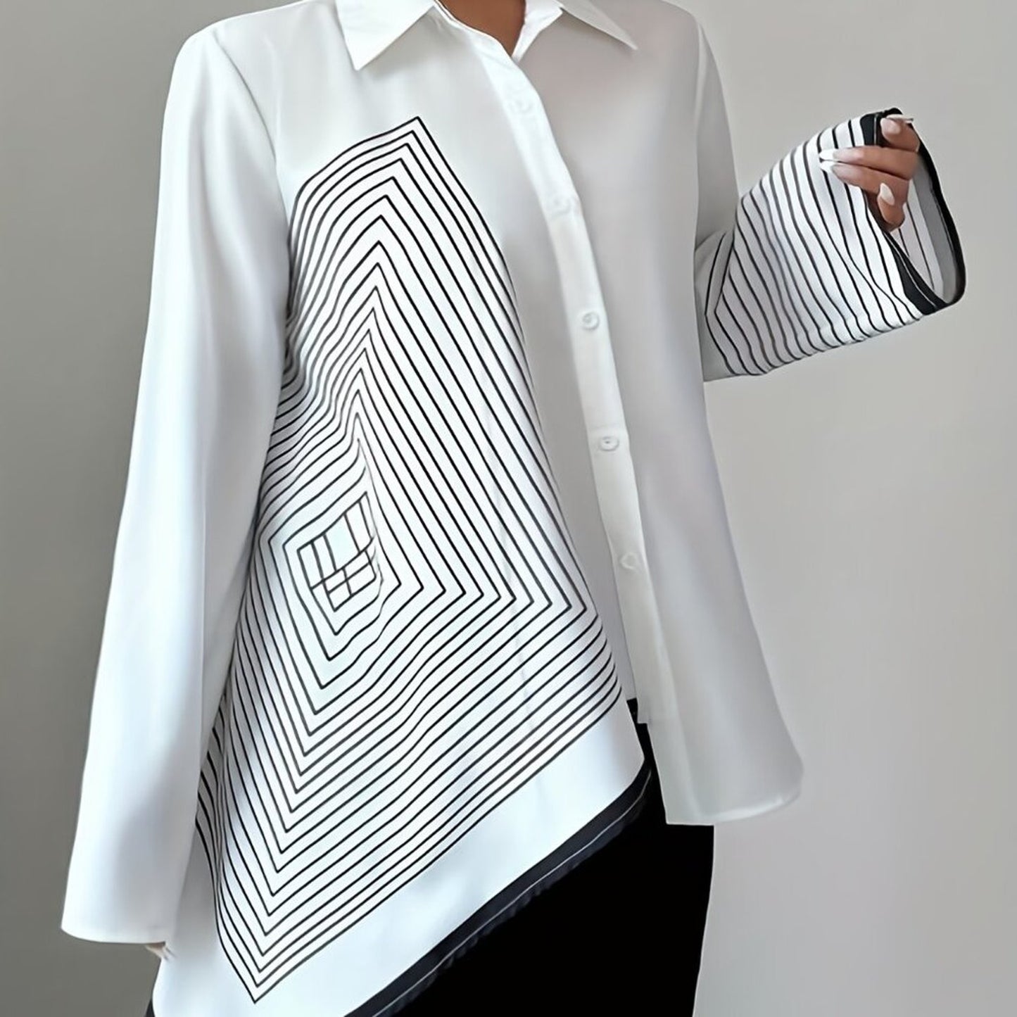 Plus Size White Geometric Asymmetrical Button Blouse | Elegant Statement Shirt T