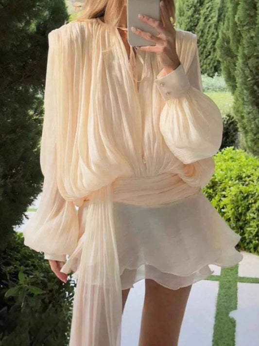 Chiffon Tie Neck Long Sleeve Mini Dress