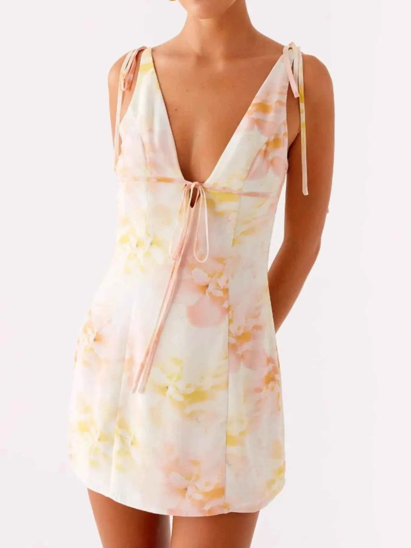 Printed Deep V-Neck Tie Shoulder Mini Dress