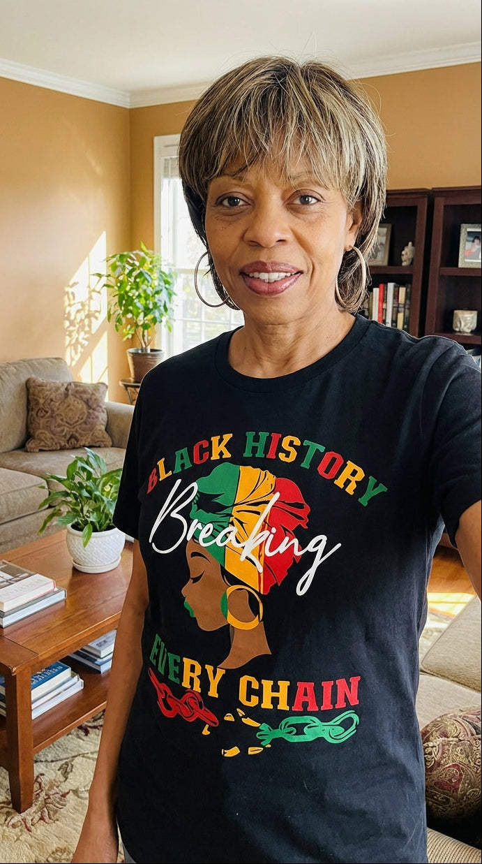 Person wearing a black t-shirt with 'Black History Breaking Every Chain' design in a living room.