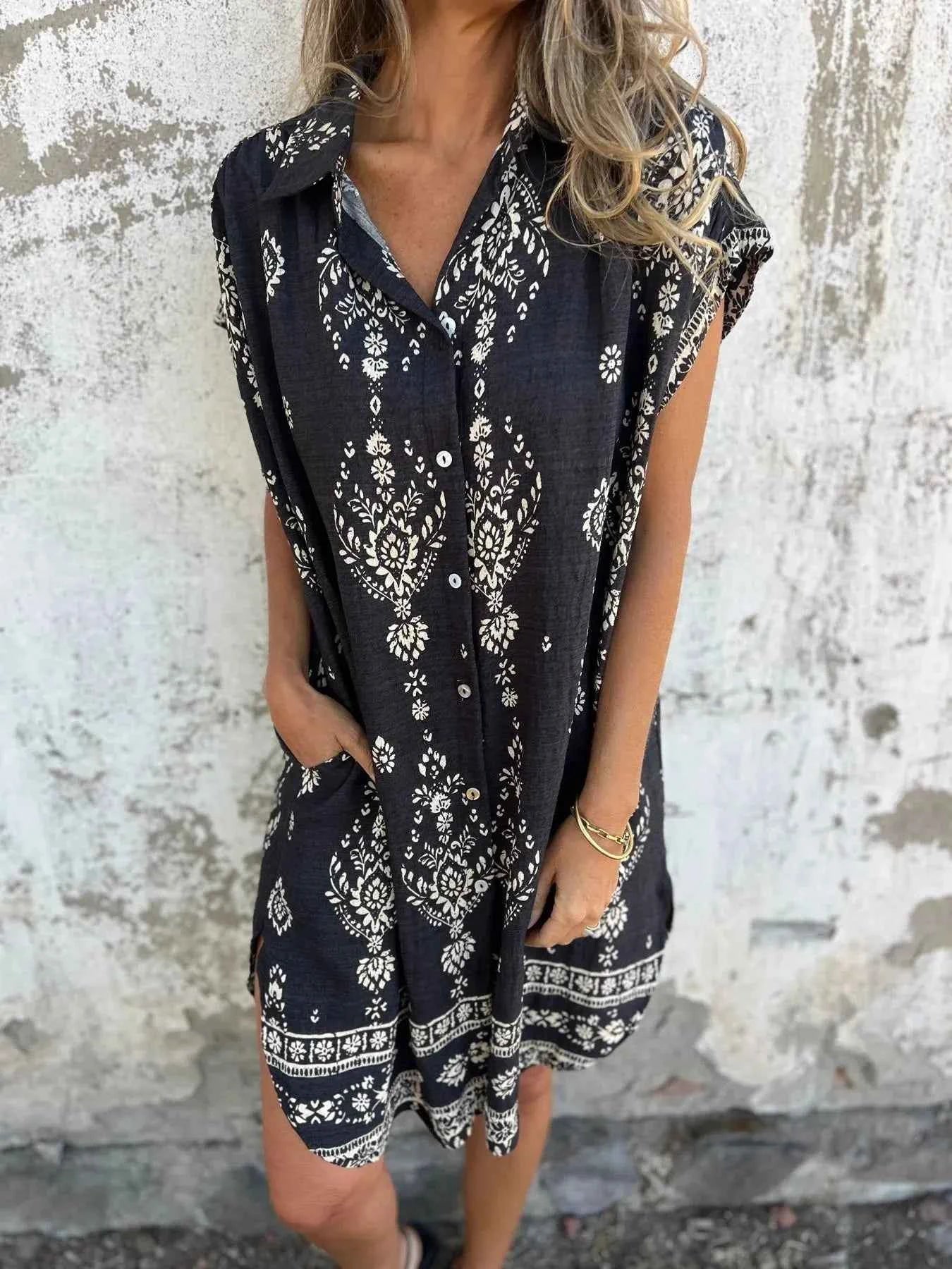 Full Size Printed Short Sleeve Button-Up Shirt Dress Plus Size