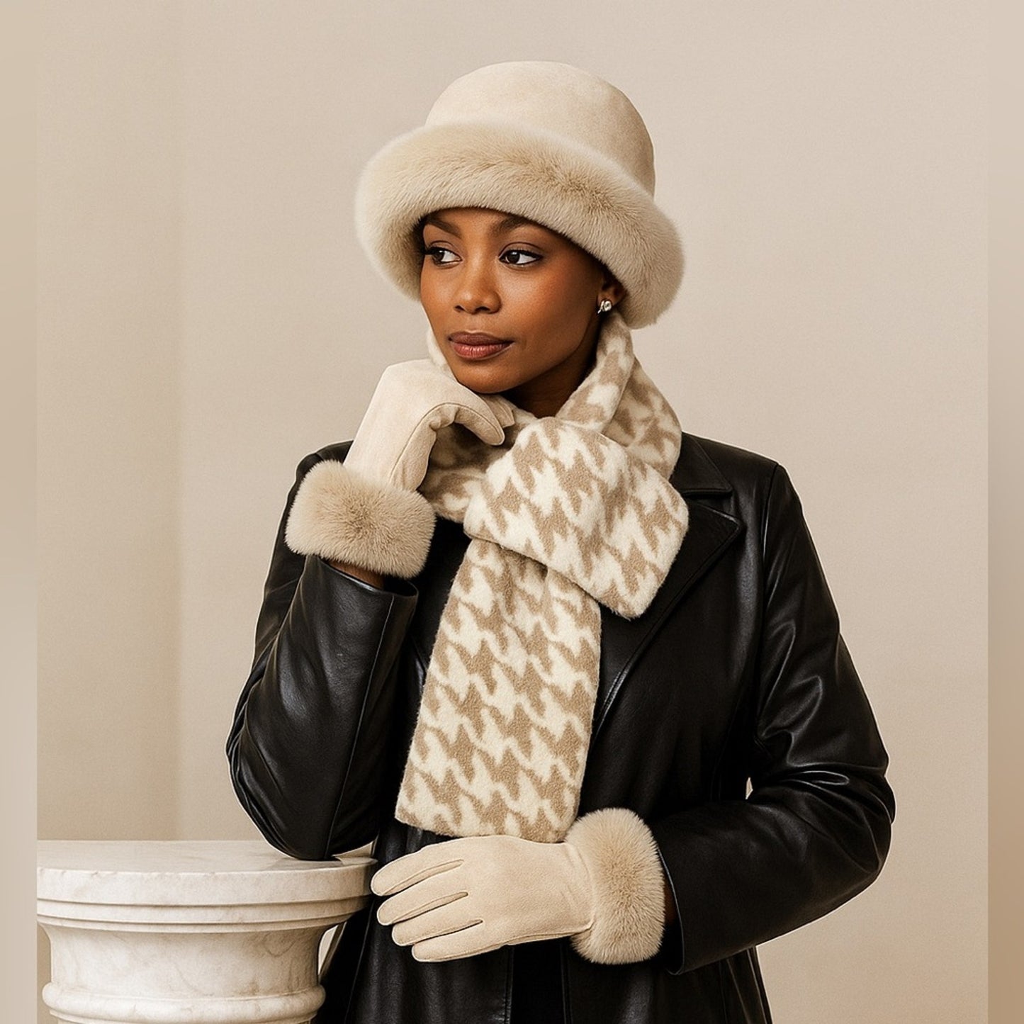 Woman wearing a fur-trimmed hat, gloves, and scarf against a beige background