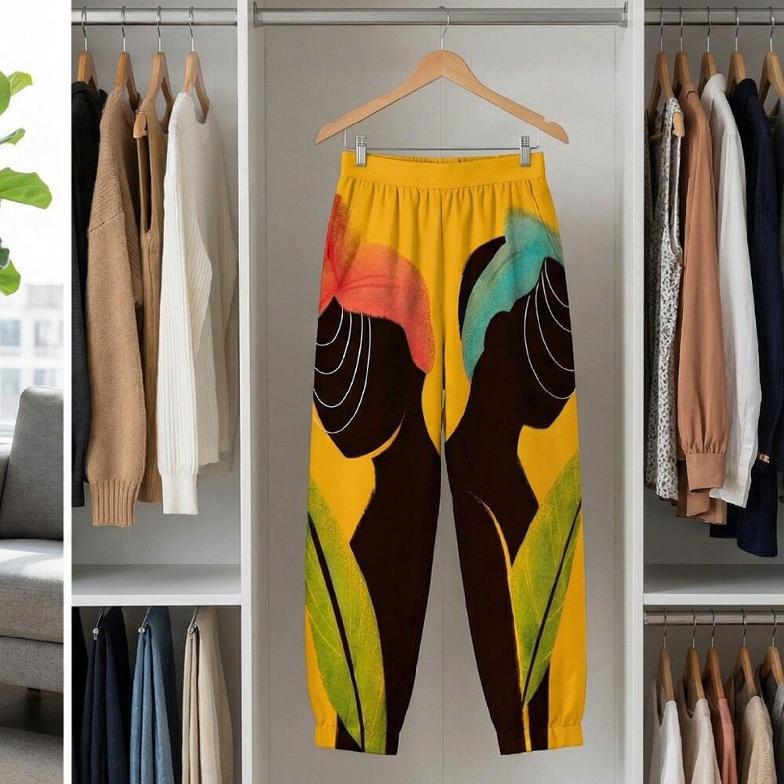 Colorful pants hanging in a wardrobe with clothes on hangers.