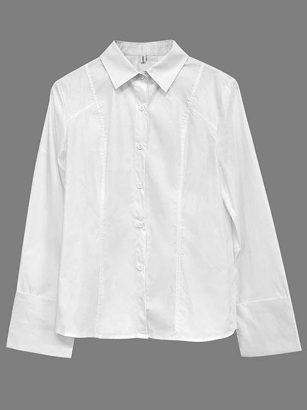 Solid Lapel Button-Down Blouse | Long Sleeve Loose Fit