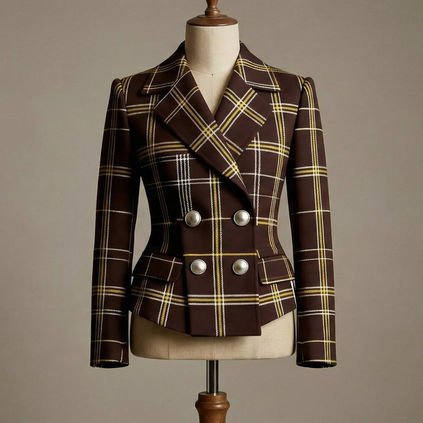 Brown Plaid Double-Breasted Blazer Jacket | Lapel Collar | Fall/Winter