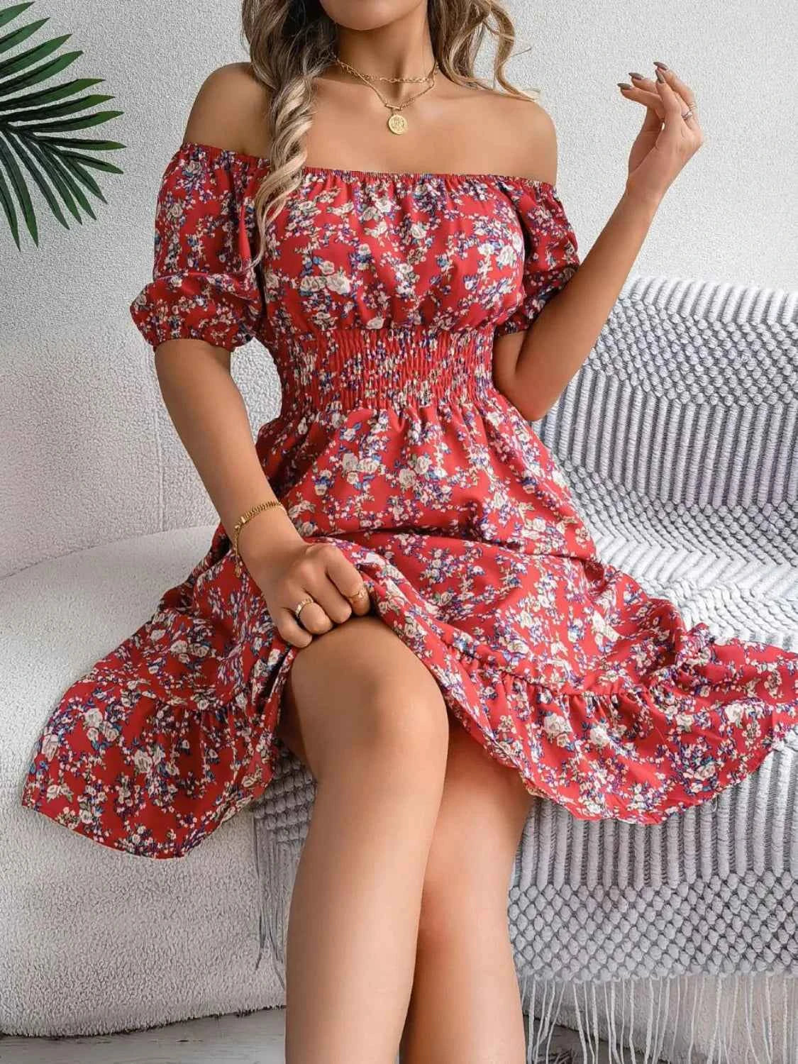 Ruffled Hem Floral Puff Sleeve Dress