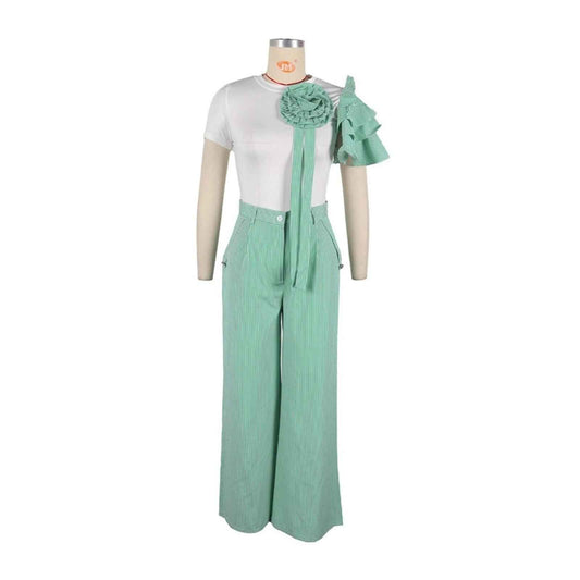 Green Chic Crew-Neck Short-Sleeved Striped Wide-Leg Pants Palazzo Set