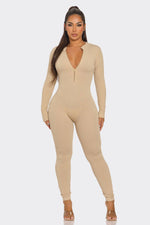 Load image into Gallery viewer, Ribbed Half Zip Long Sleeve Bodycon Jumpsuit
