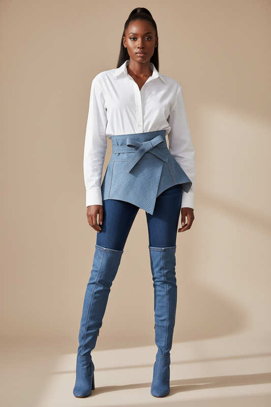 Denim Belt Styled with Boots and White Shirt