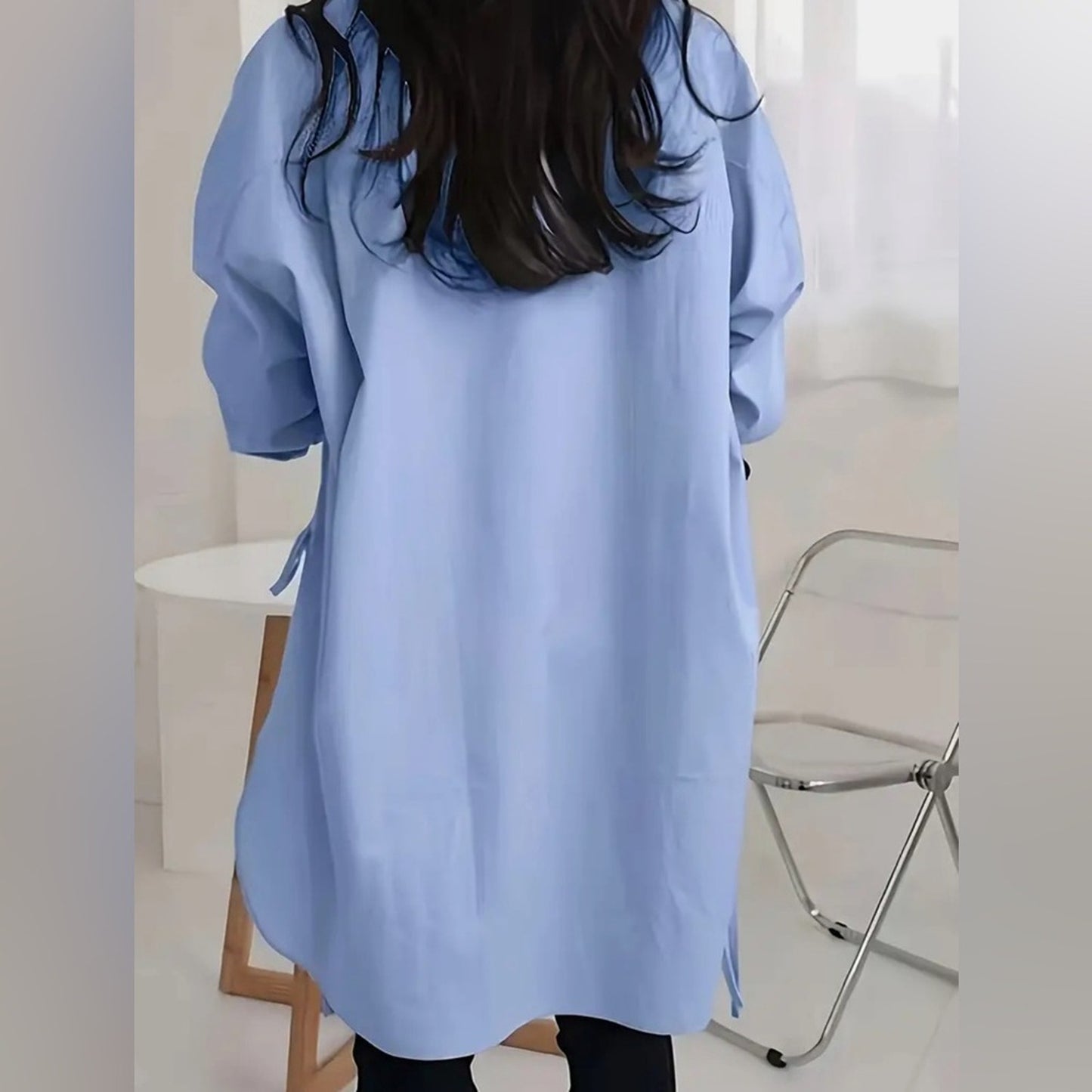 Soft Blue Chic Solid Button-Down Asymmetrical Shirt