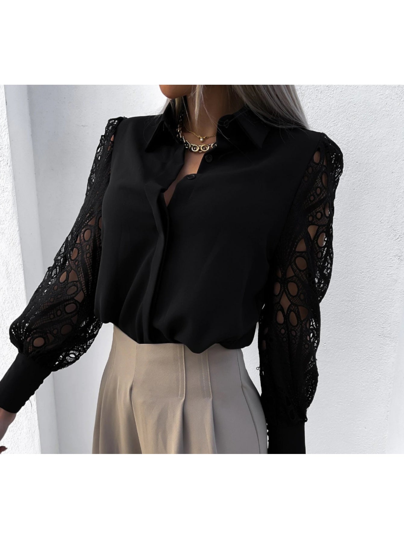 Elegant Lace Sleeve Blouse | Black Semi-Sheer Long Sleeve