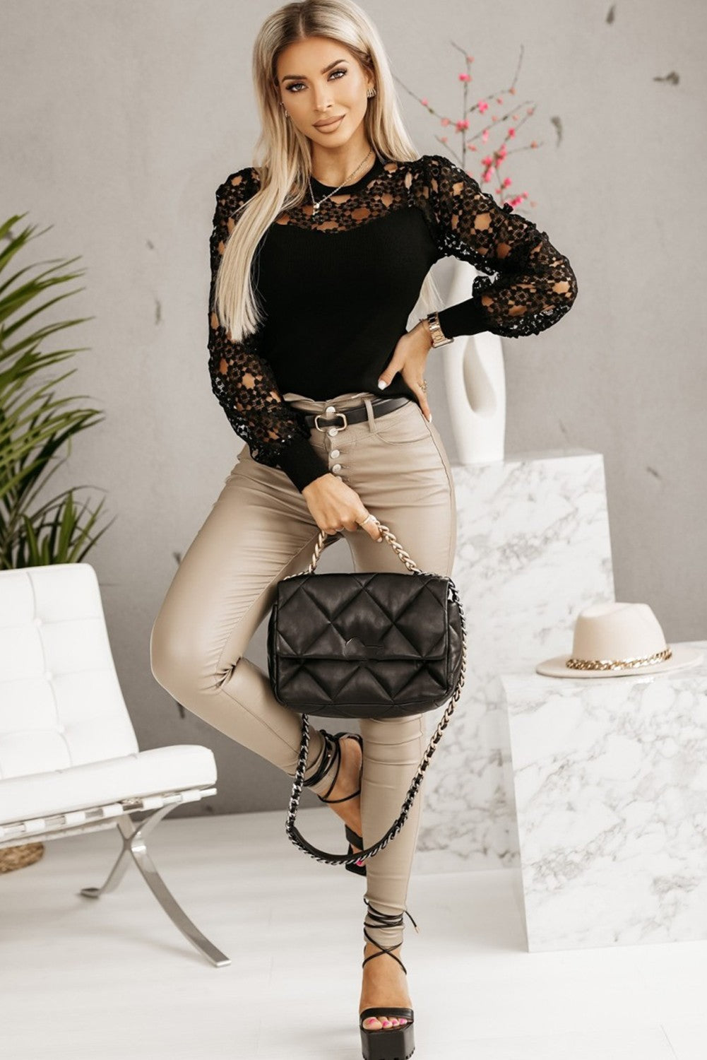 Black Casual Hollowed Lace Sleeve Splicing Blouse