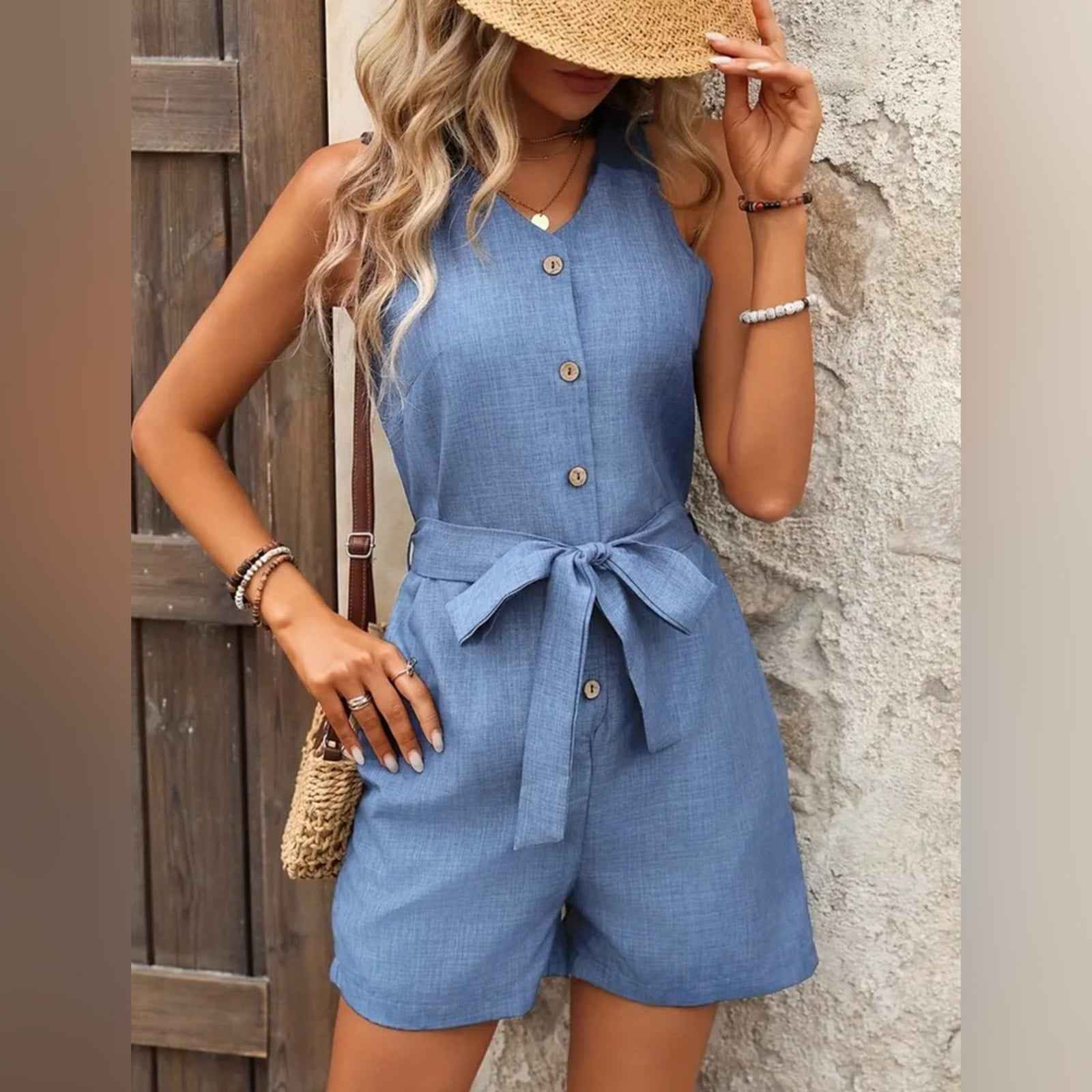 Elegant V-Neck Romper Jumpsuit -Sleeveless, Button Front,Tie-Waist with Pockets