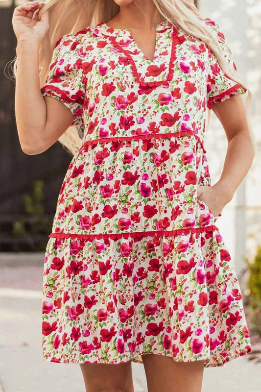Floral Notched Short Sleeve Dress